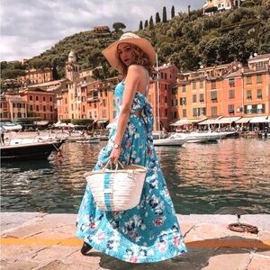 Zara blue floral, sleeveless, low open back tie back maxi dress M